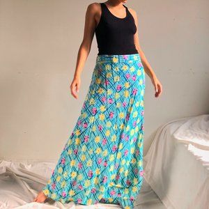 vintage 90's funky aqua floral long skirt